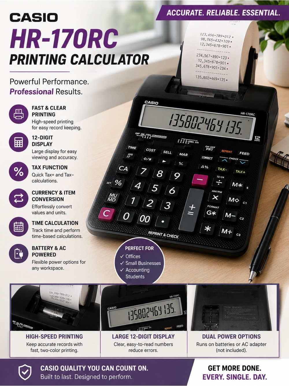 Casio HR-170RC Calculator in Black with Pink Keys